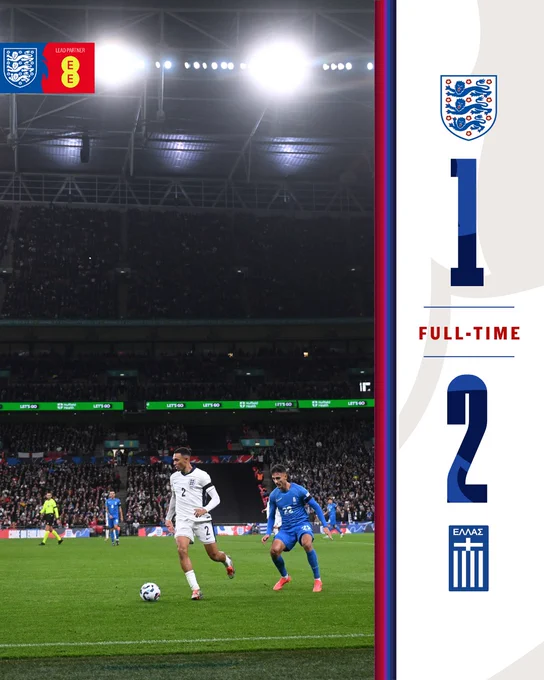 Full-time: England 1-2 Greece