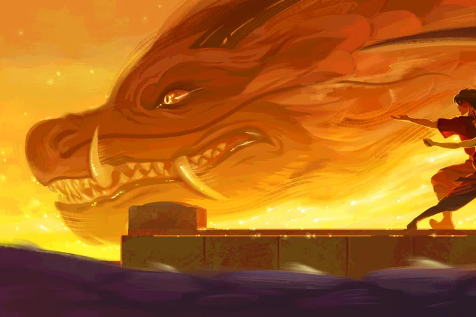 In this digitally painted fanart of Avatar the last Airbender we see Aang and Zuko doing the dragon dance with the ancient firebending masters - the dragons! We see zuko in front of the red dragon, and the purple dragon is in front of Aang. They're in front of a glowing yellow backdrop.