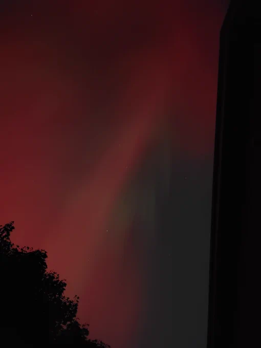 Looking east, patches of green interlaced in the red. Shadow of a tree can be seen to the left.