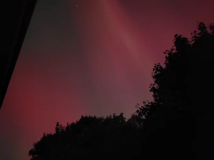 Looking west, the silhouette of trees fill the bottom of the image. Structure is visible in the red moving north to south along with some less bright green structures.