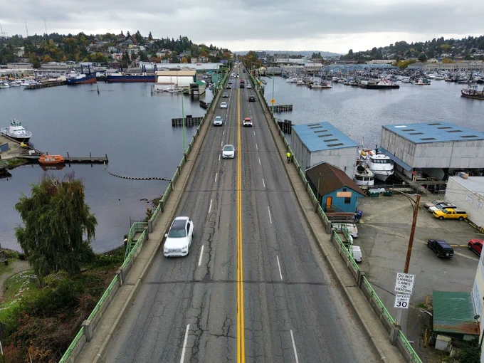 The Ballard Bridge from the air, with traffic crossing it.