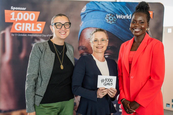 Australia’s Humanitarian Coordinator, Beth Delaney, with Akec Makur Chuot, Australian Refugee and former AFLW footballer and Sarah Goulding, Assistant Secretary and Principal Specialist Gender Equality (DFAT) at World Vision Australia’s 'Day of the Girl Breakfast' at Parliament House, 9 October 2024. 
Credit: World Vision Australia  
 
