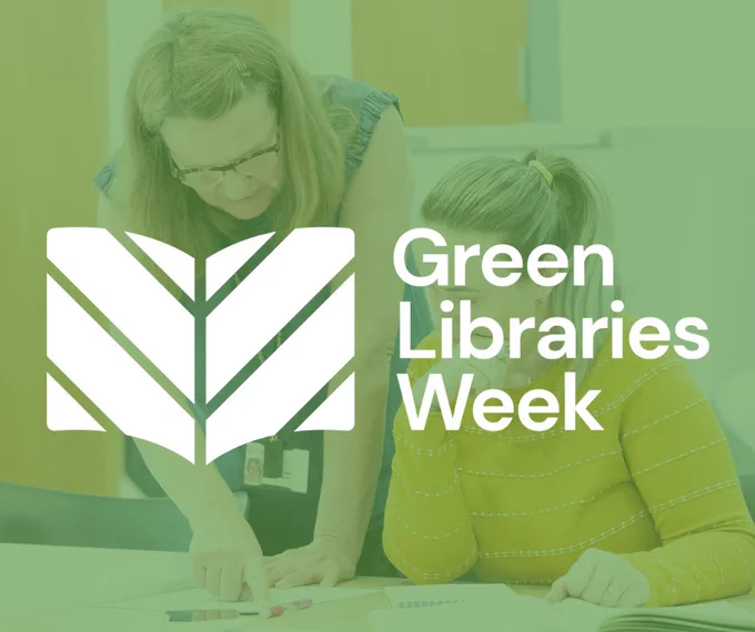 Image of a tutor helping an adult student, with the Green Libraries Week logo over the top