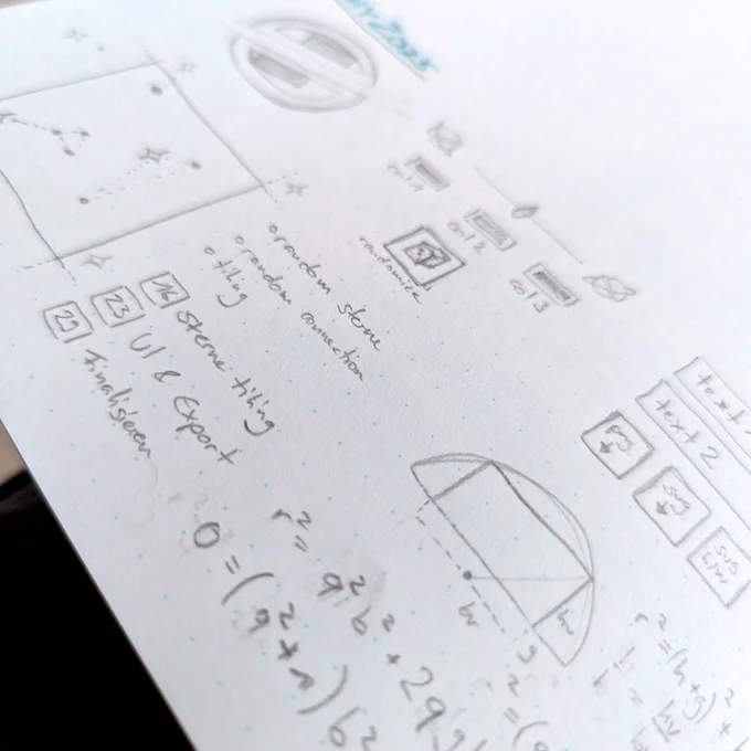 part of a note page that is full of scribbles, calculations and drawings