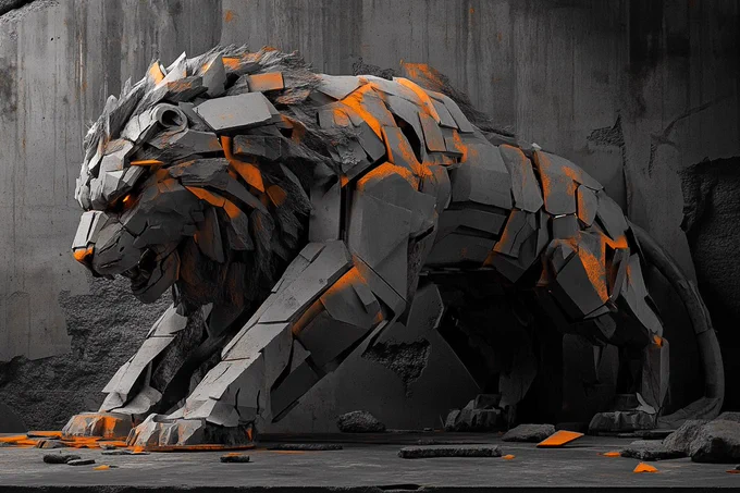 A Brutalist Biomechanical reimagining of a roaring lion, merging raw concrete structures with organic forms. Use a stark grayscale palette with a single, striking accent of orange --ar 3:2 --style raw