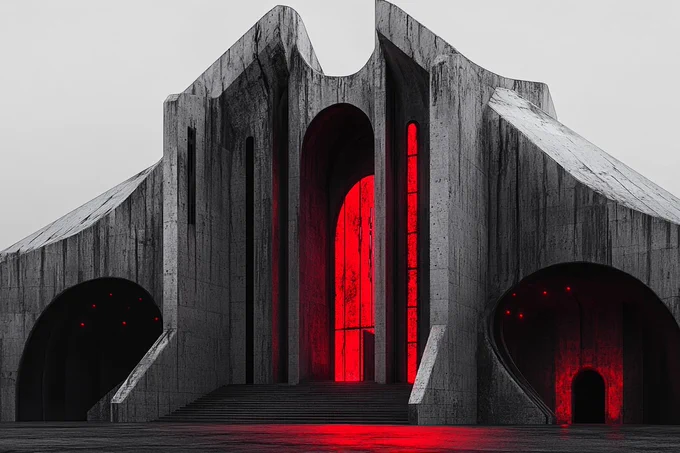 A Brutalist Biomechanical reimagining of a gothic cathedral, merging raw concrete structures with organic forms. Use a stark grayscale palette with a single, striking accent of blood red --ar 3:2 --style raw