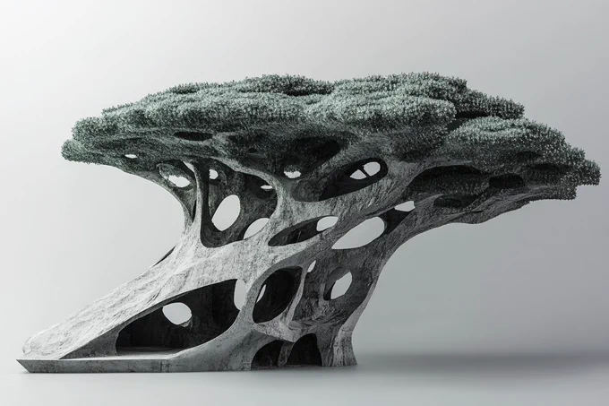 A Brutalist Biomechanical reimagining of an ancient tree, merging raw concrete structures with organic forms. Use a stark grayscale palette with a single, striking accent of green --ar 3:2 --style raw 