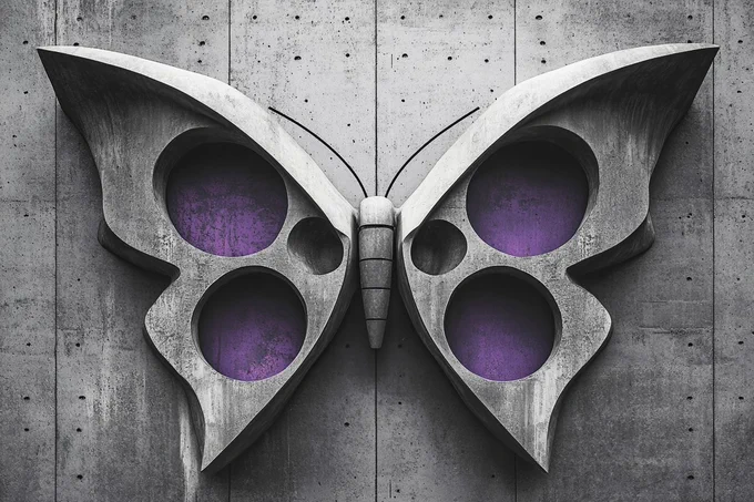 A Brutalist Biomechanical reimagining of a butterfly, merging raw concrete structures with organic forms. Use a stark grayscale palette with a single, striking accent of purple --ar 3:2 --style raw 