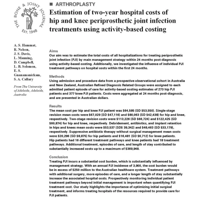 The Bone & Joint Journal. Abstract text for article titled 'Estimation of two-year hospital costs of hip and knee periprosthetic joint infection treatments using activity-based costing'.