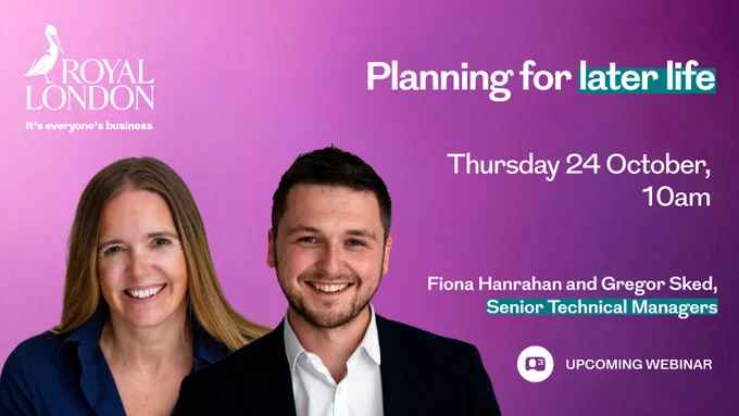 An image of a women and man on left on a purple background. A white Royal London logo sits in the top left of the image and on the bottom right is a webinar icon with text next to it that says: Upcoming webinar. There is a text title overlaying the image that says: Planning for later life, Thursday 24 October, 2024.