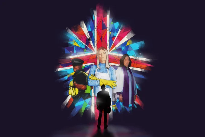 A silhouette of a person looks up at a stained glass window of the Union Jack with a police officer, a cleaner and a priest in it. 