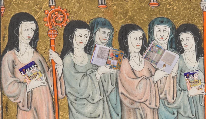 A group of nuns from a medieval manuscript, holding copies of the Medieval Women exhibition book. 