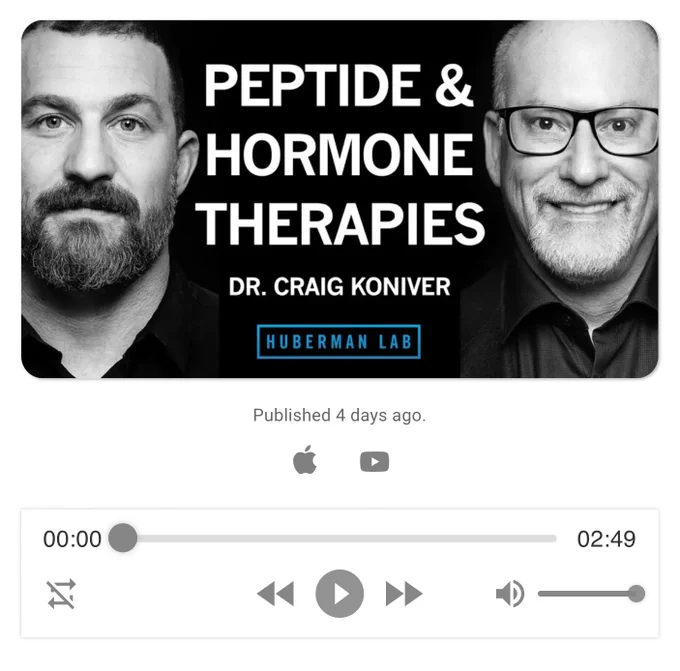 A screenshot of the PodSnap.AI UI showing the summary screen for a Huberman Lab episode, together with Apple and YouTube links to the original episode, as well as an audio player for the audio summary.