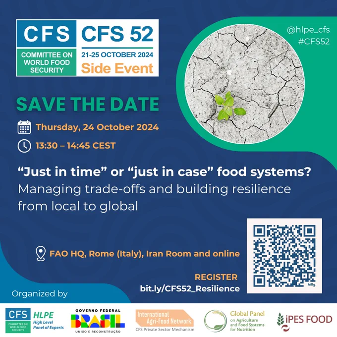 The event will build the CFS MYPoW theme Building Resilience in Food Systems by focusing on how to boost resilience from production to supply chain management, exploring how to diversify sources of inputs, production, markets, and actors, including supporting the creation of small and medium-sized companies, cooperatives, consortiums and other groups to maintain diversity in food systems.

The event will feature results from the GLOPAN project on resilient food systems in Malawi, Ethiopia and Sierra Leone and from the International Panel of Experts on Sustainable Food Systems (IPES-Food) report entitled, “Food from somewhere: Building food security and resilience through territorial markets” as well as inputs from Brazil. FAO and a representative from each of the private sector and civil society. 
