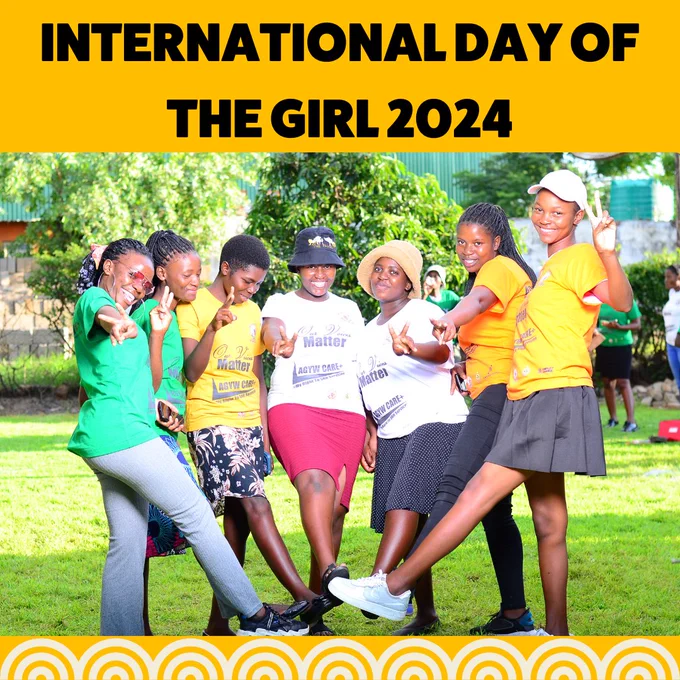 International Day of the Girl 2024. A photo of a group of young women posing for the camera holding up peace signs and placing their feet in a circle.
