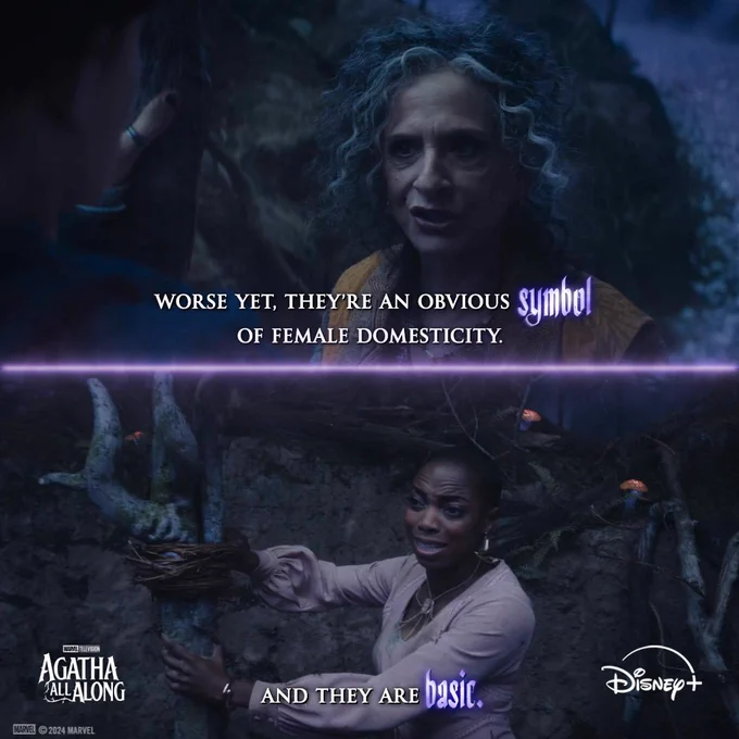 A two-panel image split by a purple line. The top panel shows an image of Lilia mid-speaking with the quote "worse yet, they're an obvious symbol of female domesticity." The bottom panel shows an image of Jennifer ripping a branch off a wall with the quote "and they are basic." 