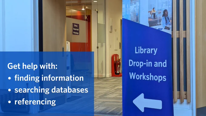 Library Drop-in and Workshops banner. Also text reading "Get help with: finding information, searching databases, referencing".