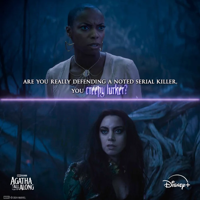 A two-panel image split by a purple line. The top panel shows an image of Jennifer looking concerned with the quote "are you really defending a noted serial killer, you creepy lurker?". The bottom panel shows an image of Rio scowling. 