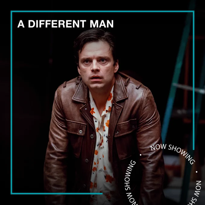A man wearing a leather jacket stands looking shocked. Text - A Different Man, Now Showing
