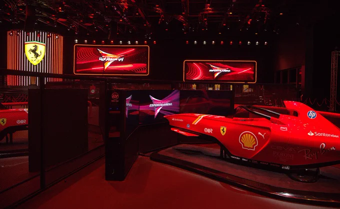 Interior of the Ferrari-themed esports arena at Ferrari World Yas Island in Abu Dhabi.