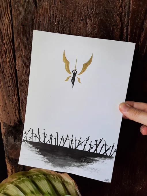 Photo of a drawing with traditional media of a small humanoid silhouette flying at the top of the page, holding a golden sword and surrounded by two pairs of golden wings. At the bottom of the page there are 34 swords of different types in black and a black irregular spot of ink under them as the ground.
