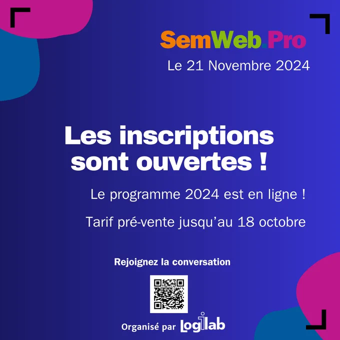 Les inscriptions à la conférence SemWeb.pro sont ouvertes !
Le programme 2024 est en ligne, consultez le programme https://semweb.pro/
Tarif pré-vente jusqu'au 18 octobre 