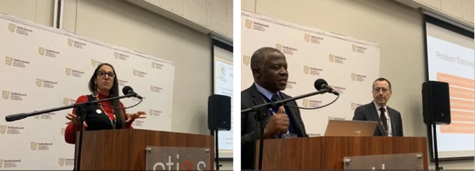 A collage of two images: On the left Lilach Sheiner speakers at a podium with a microphone in front of her. On the right, Pasquale Maffia stands to the side of the podium as he is introduced by a colleague.