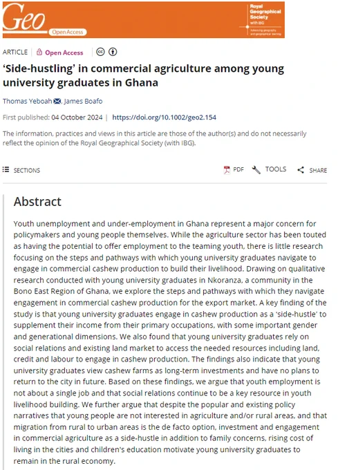 Screenshot of a paper abstract in Geo: Geography and Environment by Thomas Yeboah & James Boafo (2024) entitled '"Side-hustling" in commercial agriculture among young university graduates in Ghana' with an orange banner at the top.