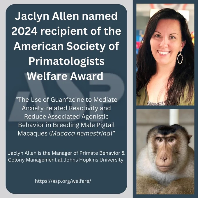 A headshot photo of a woman, smiling, and a second photo of a monkey with a tan face, and brown, white and black fur, accompanied with white font in front of a blue background