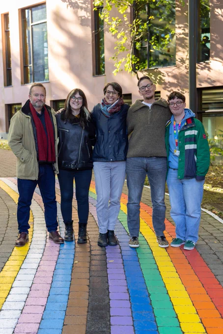 UCC's Dr Diarmuid Scully, Ciara Murphy,  Dr Silvia Brandi, Darragh Ó Cruadhlaoich  and Oisín Cotter pictured at UCC's Rainbow Walkway. Image: UCC TV's Max Bell 
