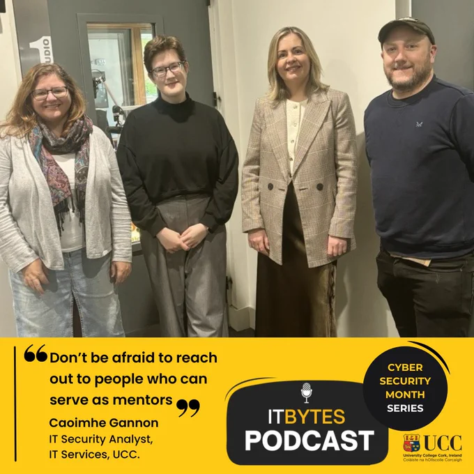 A photo of ITBytes podcast with Caoimhe Gannon pictured in the UCC98.3fm studio.  With a quote in text from Caoimhe Gannon Don’t be afraid to reach out to people who can serve as mentors.  With the ITBytes Podcast logo and UCC logo