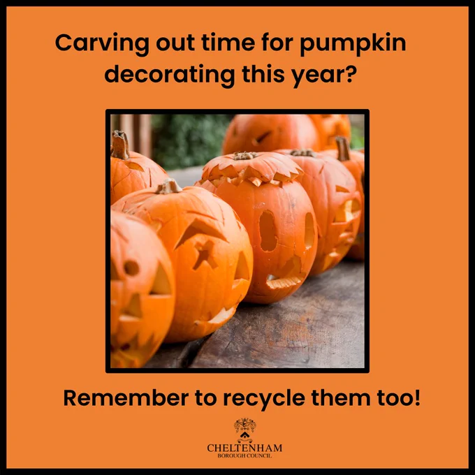 Graphic with orange background and an image of carved pumpkins. With text reading:
Carving out time for pumpkin decorating this year?
Remember to recycle them too!