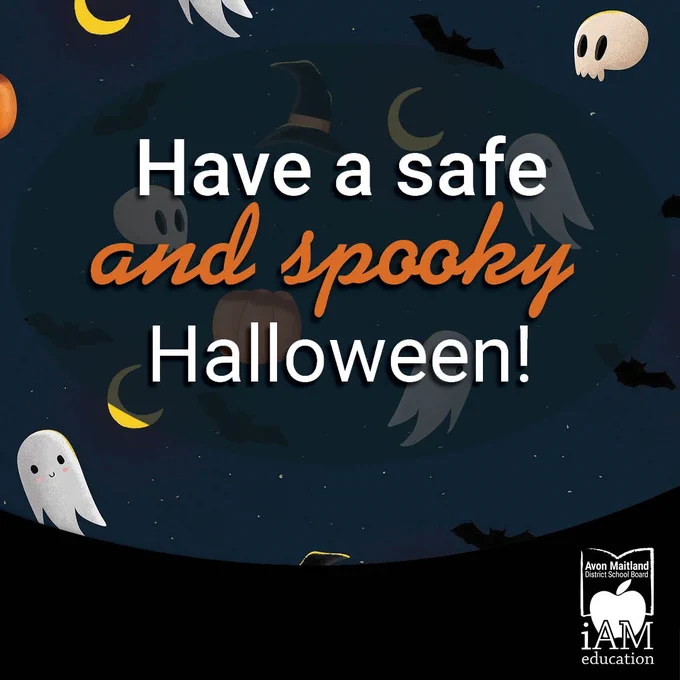 Black sidebar with AMDSB logo. Illustrated background graphic with moons, pumpkins, ghosts, black cats. Text: Have a safe and spooky Halloween!