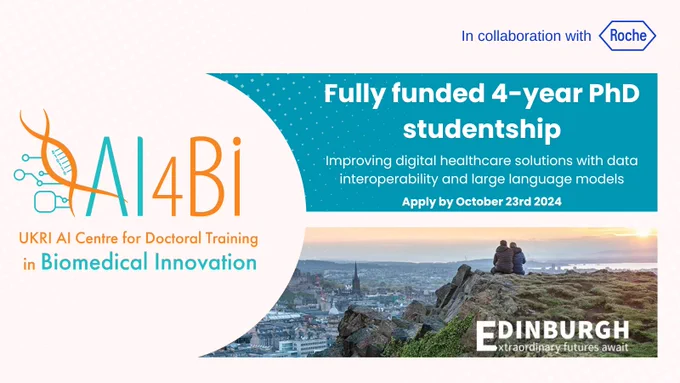 Image summarising PhD opportunity alongside photo of the city of Edinburgh and the CDT logo
