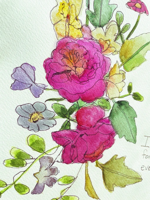 A close-up detail of a loose floral painting with vibrant lavender wild roses and sprays of green leaves.