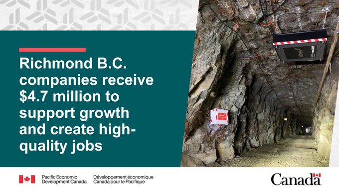 Image of Ideon Technologies' in-mine muon tomography imaging solution. Text reads: Richmond B.C. companies receive $4.7 million to support growth and create high-quality jobs