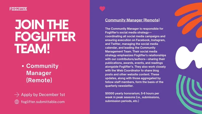 The text says, "JOIN THE FOGLIFTER TEAM! Community Manager (Remote). Apply by December 1st. foglifter.submittable.com. Community Manager (Remote). The Community Manager is responsible for Foglifter's social media strategy— coordinating all social media campaigns and ensuring execution on Facebook, Instagram, and Twitter, managing the social media calendar, and leading the Community Management Team. Their social media strategy emphasizes Foglifter's relationships with our contributors/authors-sharing their publications, awards, events, and readings alongside Foglifter's. They also work closely with the Web Coordinator to share blog posts and other website content. These updates, along with those aggregated by fellow staff members, form the basis of the quarterly newsletter. $5000 yearly honorarium; 5-6 hours per week in peak seasons (i.e., submissions, submission periods, etc.)" & is set on magenta / purple backgrounds w/ abstract shapes & the Foglifter logo in the top left corner.