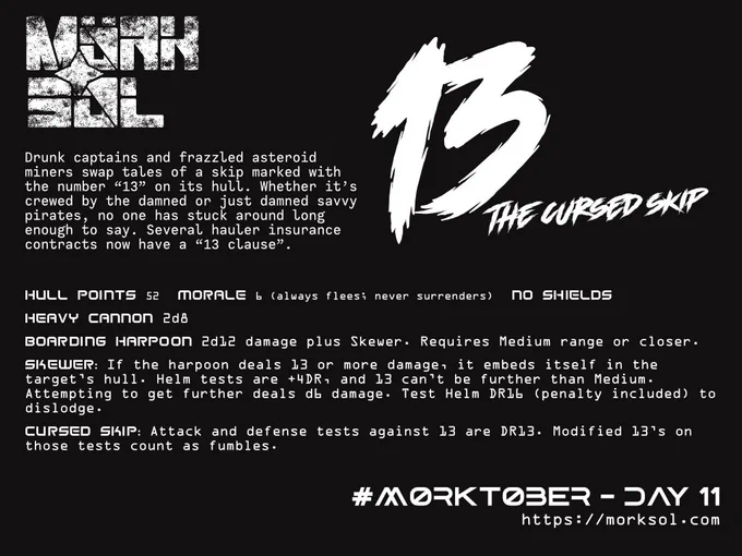 Statistics for "13, the Cursed Skip". Whether it’s crewed by the damned or just damned savvy pirates, no one has stuck around long enough to say.