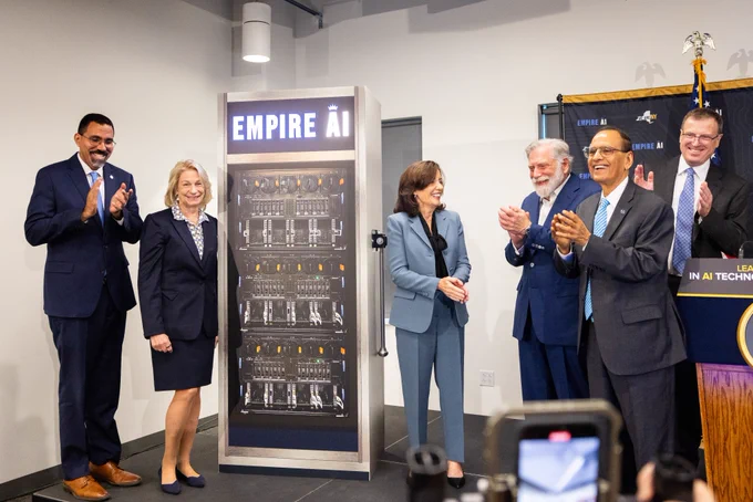 President Tripathi joins Governor Hochul, SUNY Chancellor John King and members of the Empire AI consortium to celebrate the launch of Empire AI at UB.