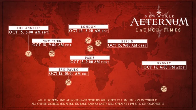 Map showing global launch times for 'New World: Aeternum' in different cities. Text at the bottom notes European and Southeast worlds open at 7 AM UTC on October 15 and other worlds in the US, East, and East Asia at 1 PM UTC on October 15.