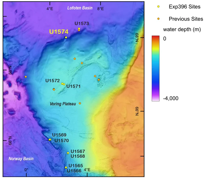 Bathymetric map of Vøring Plateau in Norwegian Sea, Expedition 396 sites including Site U1574.