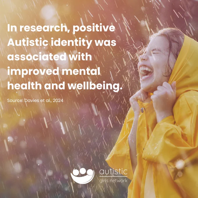 An image of a young girl in a bright yellow rain coat having fun in the rain. Overlaid text reads - In research, positive Autistic identity was associated with improved mental health and wellbeing. Source: Davies et al., 2024