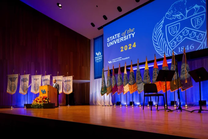 President Tripathi gives his annual State of the University address in Slee Hall.
