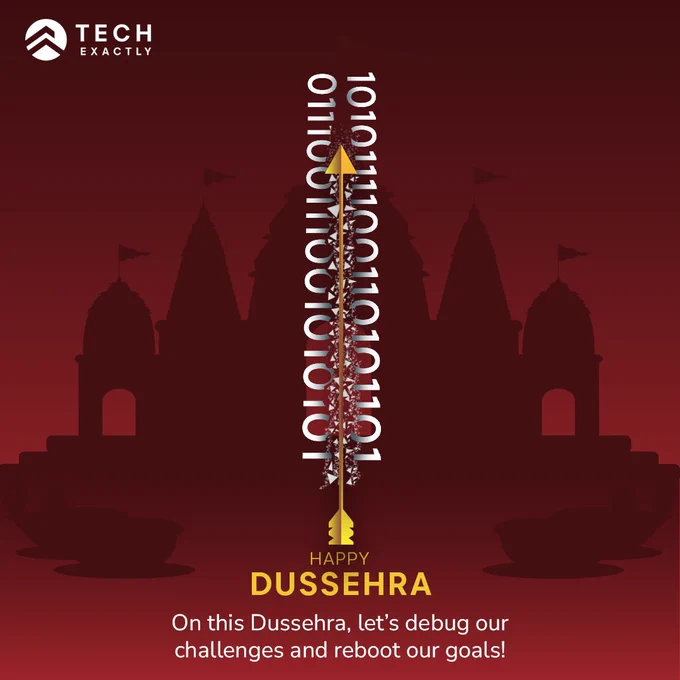 A vibrant image celebrating Dussehra with a red background featuring a silhouette of a temple, fireworks, and a thermometer made of binary code. The text "HAPPY DUSSEHRA" is prominently displayed, along with a message about debugging challenges and rebooting goals.
