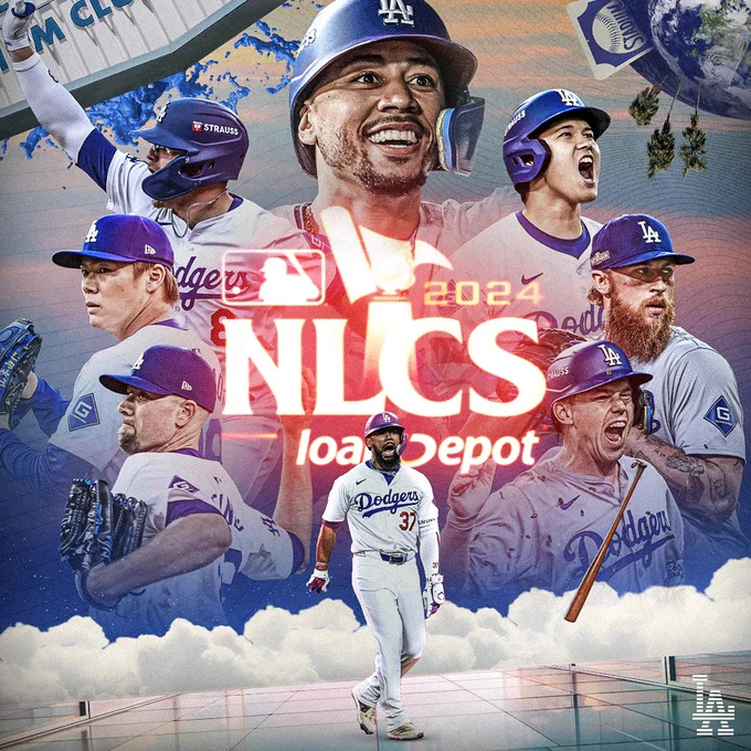 A graphic announcing the Dodgers heading to the NLCS with cutouts of Mookie Betts, Shohei Ohtani, Michael Kopech, Will Smith, Teoscar Hernández, Blake Treinen, Yoshinobu Yamamoto and Kiké Hernández.