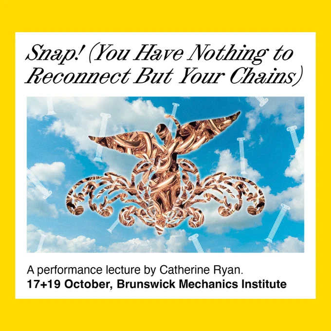 A yellow and white tile with the text 'Snap! (You Have Nothing to Reconnect But Your Chains)' and an image of a blue sky with white clouds, scattered with white plinths. In the centre of the image is the silhouette of an ornate figure. Visible through the silhouette are shining gold chains. 