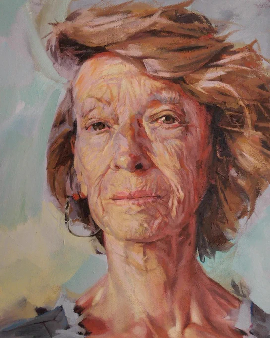 An oil portrait depicting the head and shoulders of an older woman with pale skin and mid length blonde hair that sweeps to the right.