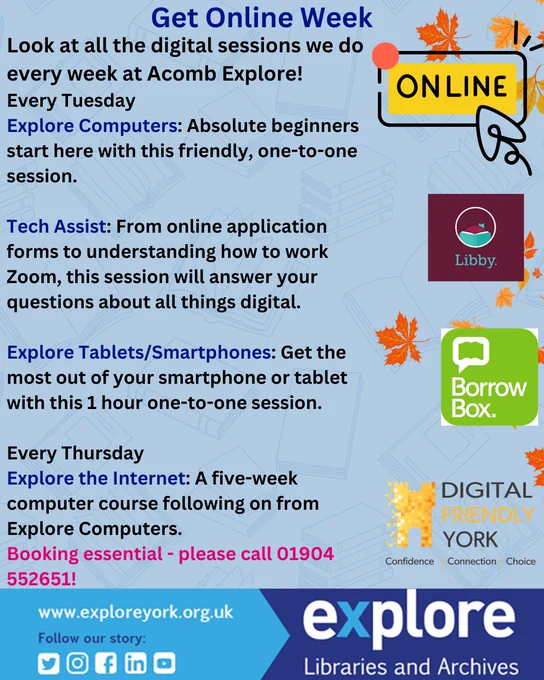 Poster detailing the free digital sessions that run at Acomb Explore
