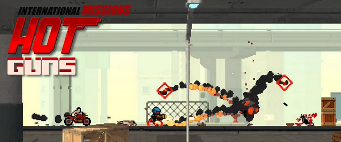 Ein Screenshot von Hot Guns International Missions. In 2D blickt man auf eine Straße unter einer Autobahn auf der ein kleines Pixelmännchen mit Waffe herumläuft. Links kommt ein pixeliges Motorrad angerast und rechts sieht man Explosionen.