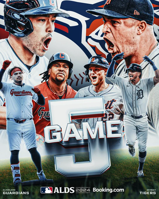 Tigers-Guardians Game 5 Hype Graphic
ALDS 2024 | Booking.com
Pictured: cutouts of Josh Naylor, Jose Ramírez, Parker Meadows, Zach McKinstry, Steven Kwan, and Tarik Skubal